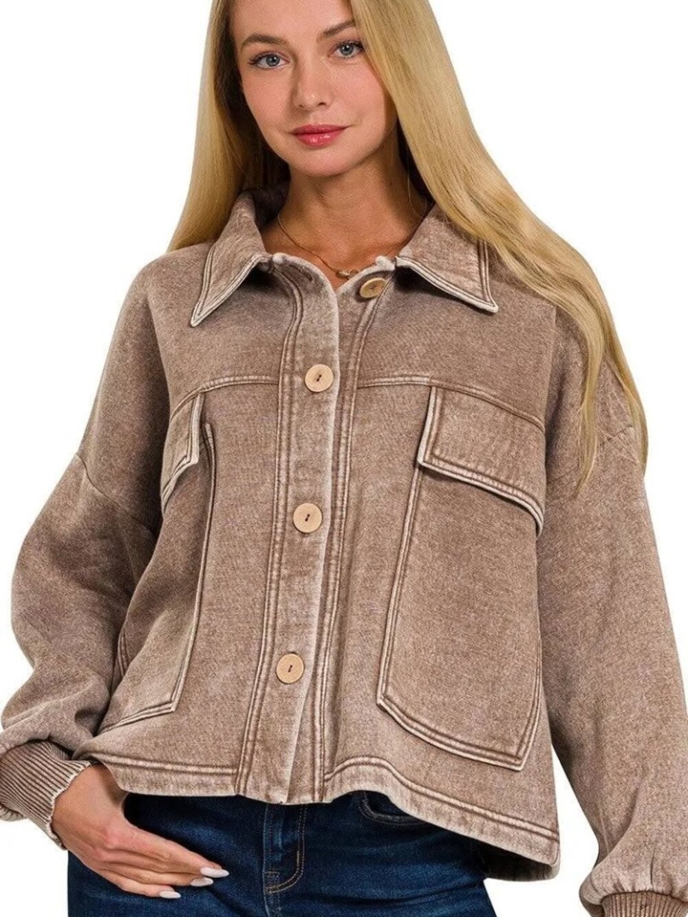 NWT MOCHA Zenana Acid-Wash Cropped Fleece Shacket
